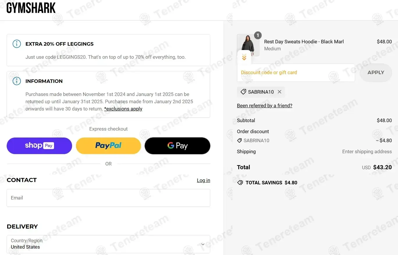 Gymshark coupon code: 10% off with SABRINA10. Tested and valid as 2 months ago.