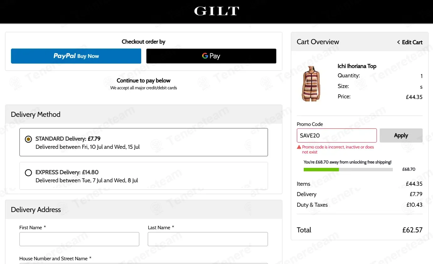Gilt coupon code: 20% off with SAVE20. Tested and valid as 1 week ago.