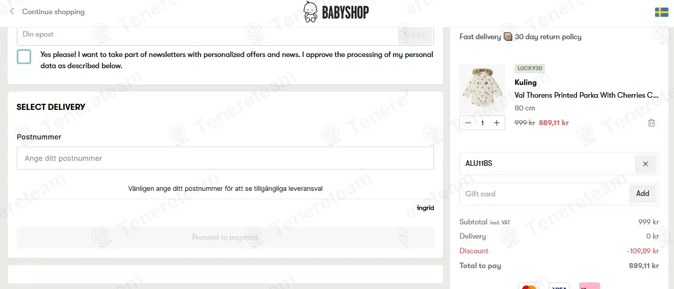 Babyshop coupon code: 11% off with ALU11SB. Tested and valid as 1 year ago.