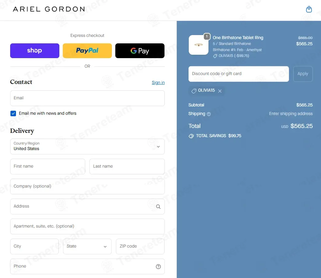 Ariel Gordon Jewelry coupon code: 15% off with OLIVIA15. Tested and valid as 9 months ago.