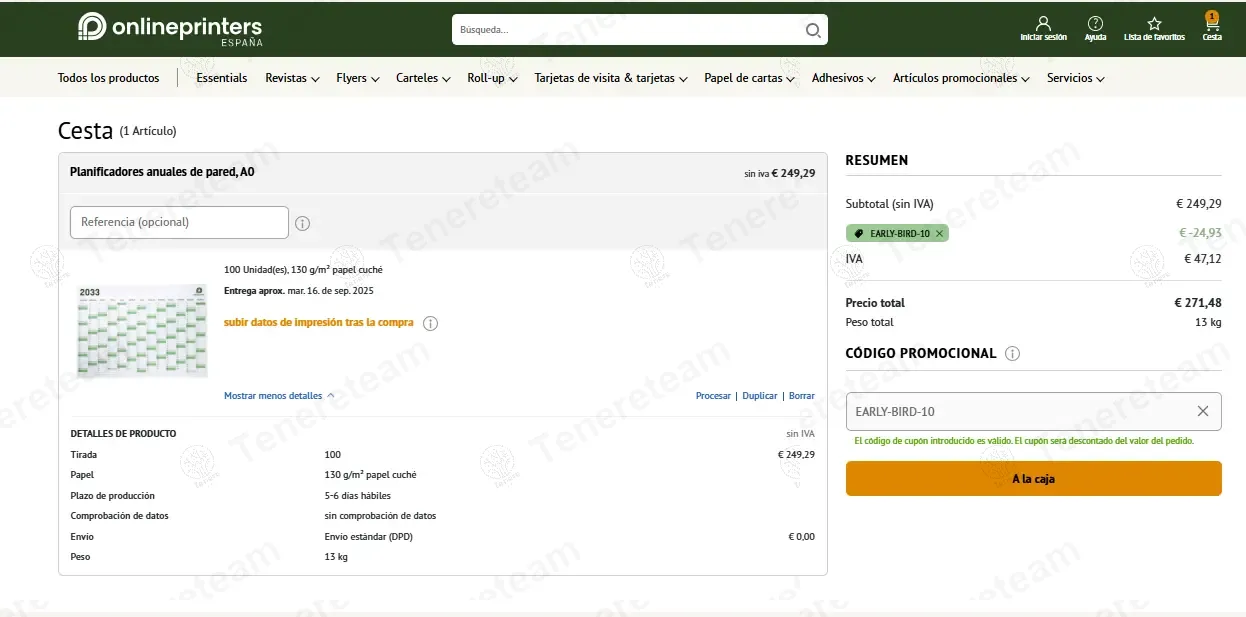 Onlineprinters ES coupon code: 10% off with EARLY-BIRD-10. Tested and valid as 9 months ago.