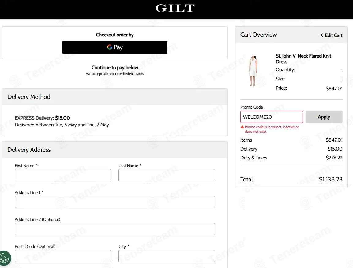 Gilt coupon code: 20% off with WELCOME20. Tested and valid as 1 month ago.