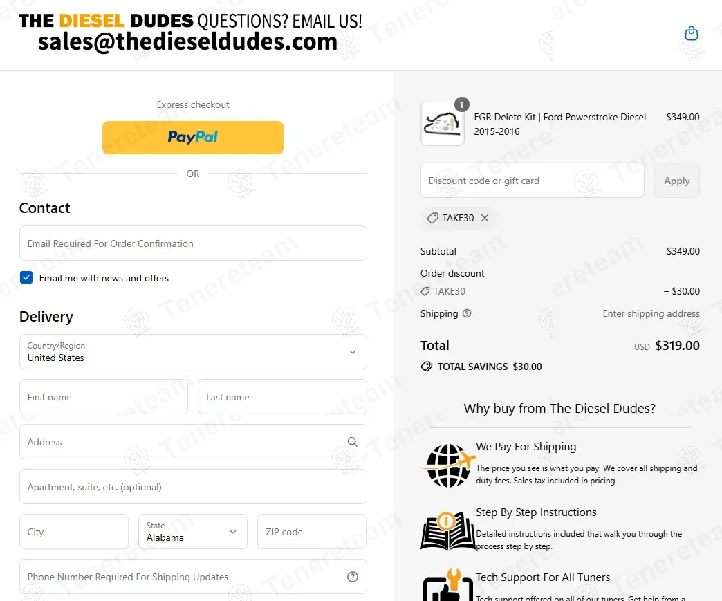 The Diesel Dudes coupon code: $30 off with TAKE30. Tested and valid as 10 months ago.