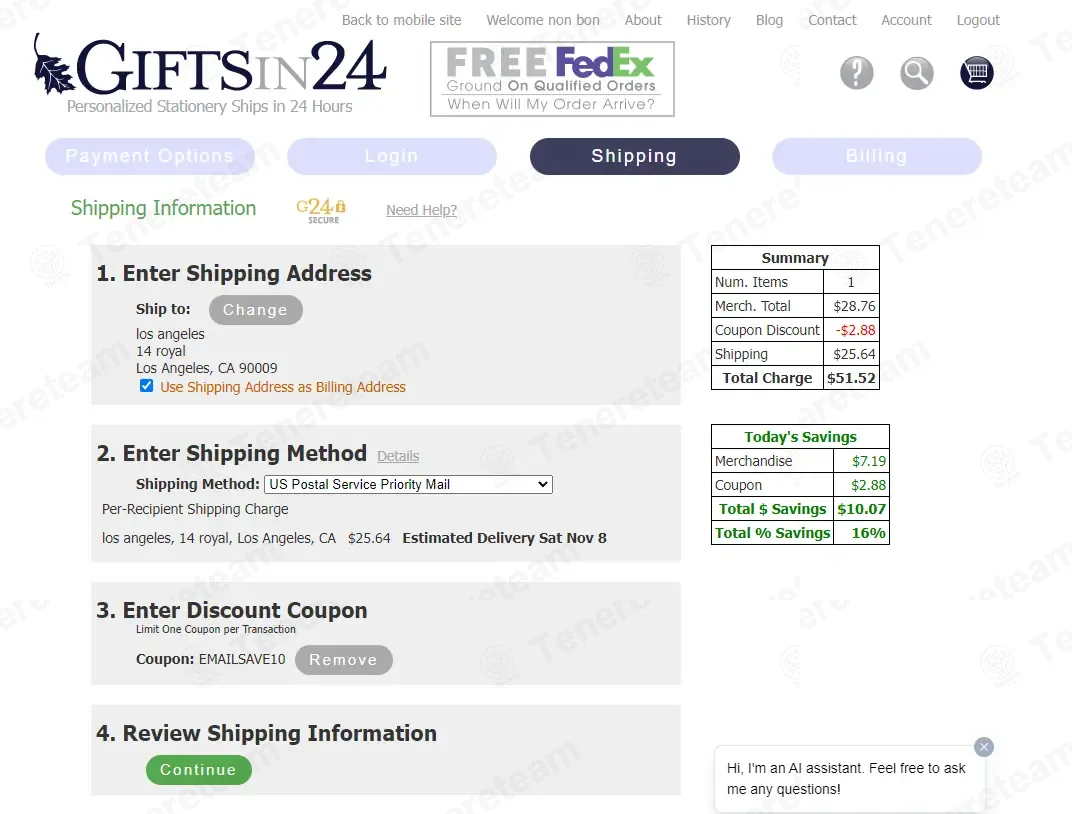 GiftsIn24 coupon code: 10% off with EMAILSAVE10. Tested and valid as 7 months ago.