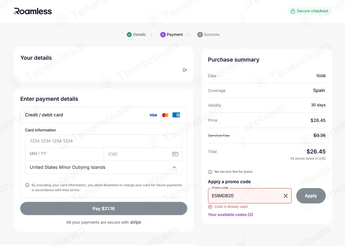 Roamless coupon code: 20% off with ESIMDB20. Tested and valid as 3 weeks ago.