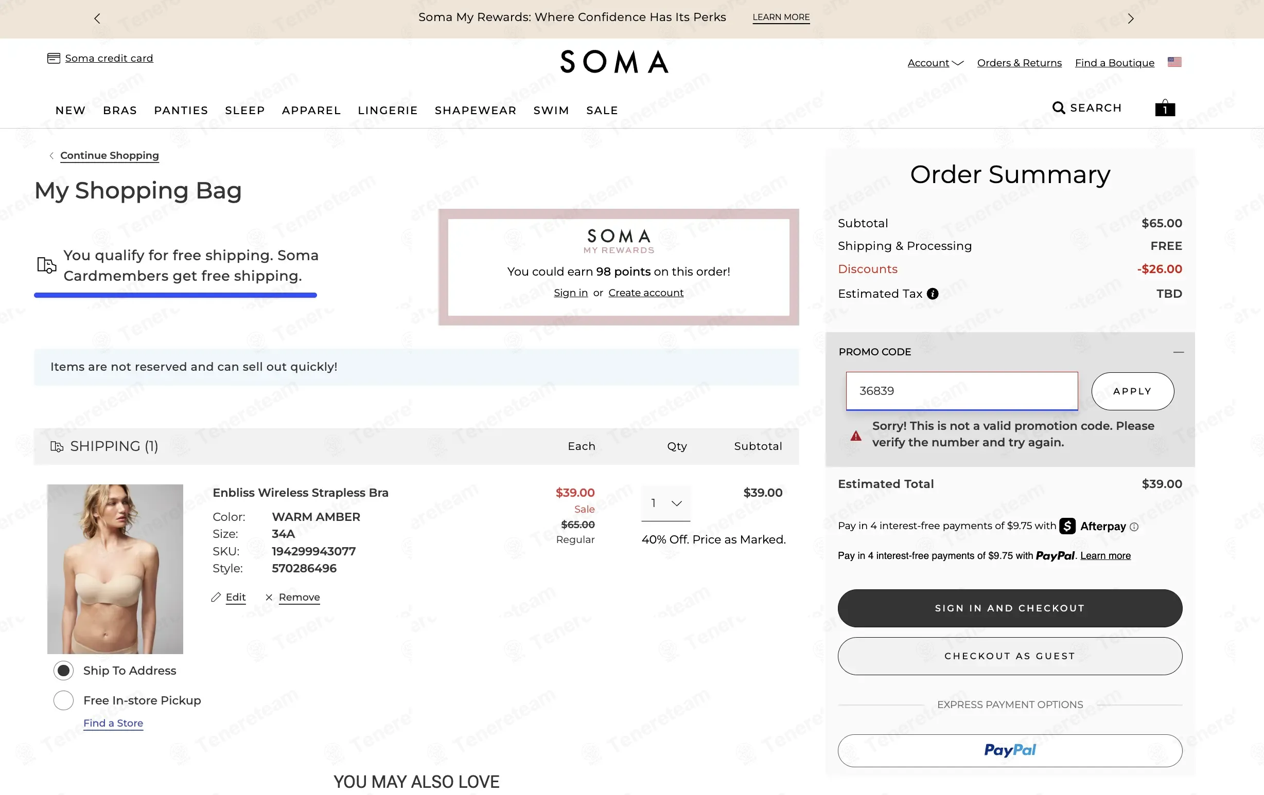 Soma coupon code: 50% off with 36839. Tested and valid as 2 months ago.