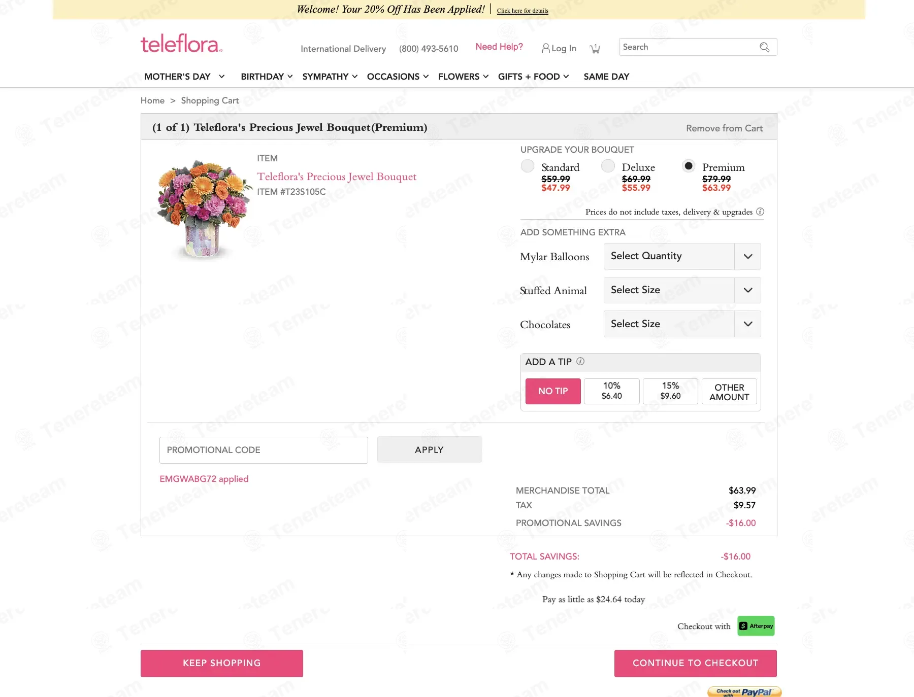 Teleflora coupon code: 20% off with EMGWABG72. Tested and valid as 2 weeks ago.