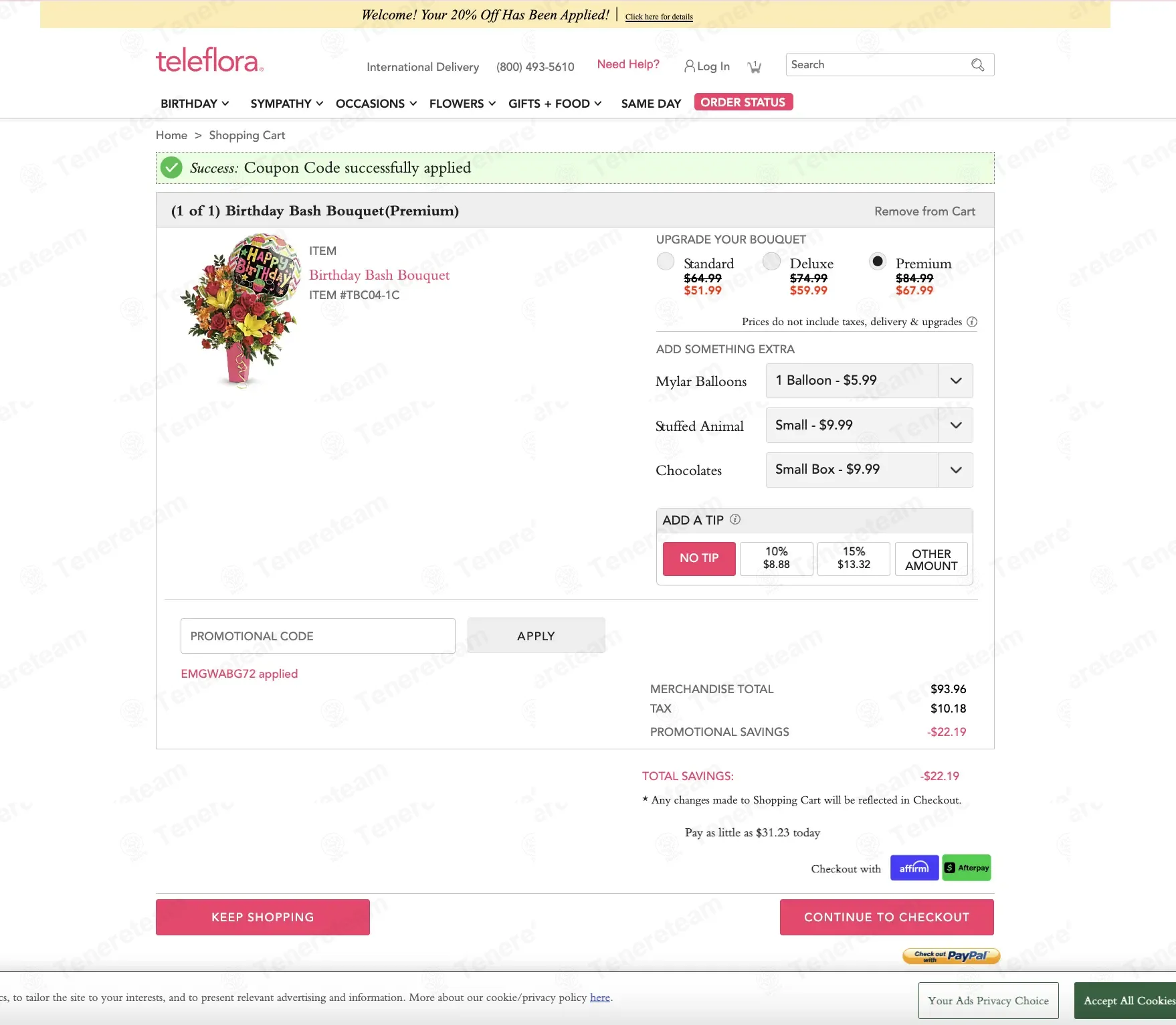 Teleflora coupon code: 20% off with EMGWABG72. Tested and valid as 2 weeks ago.