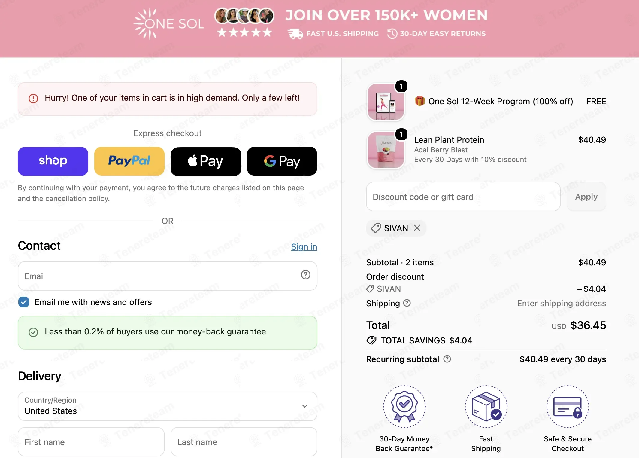 One Sol coupon code verified as working at checkout