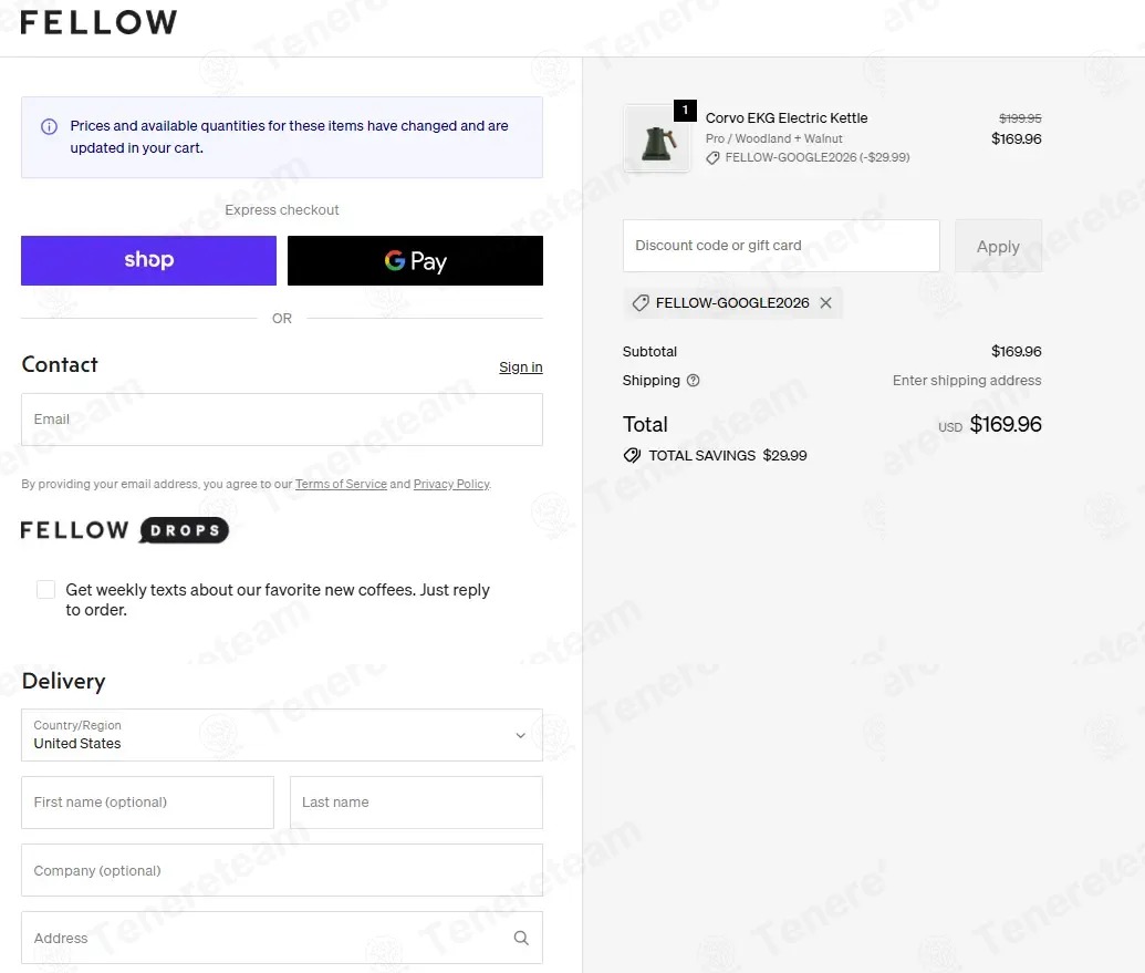 Fellow Products coupon code: 15% off with FELLOW-GOOGLE2026. Tested and valid as 2 months ago.