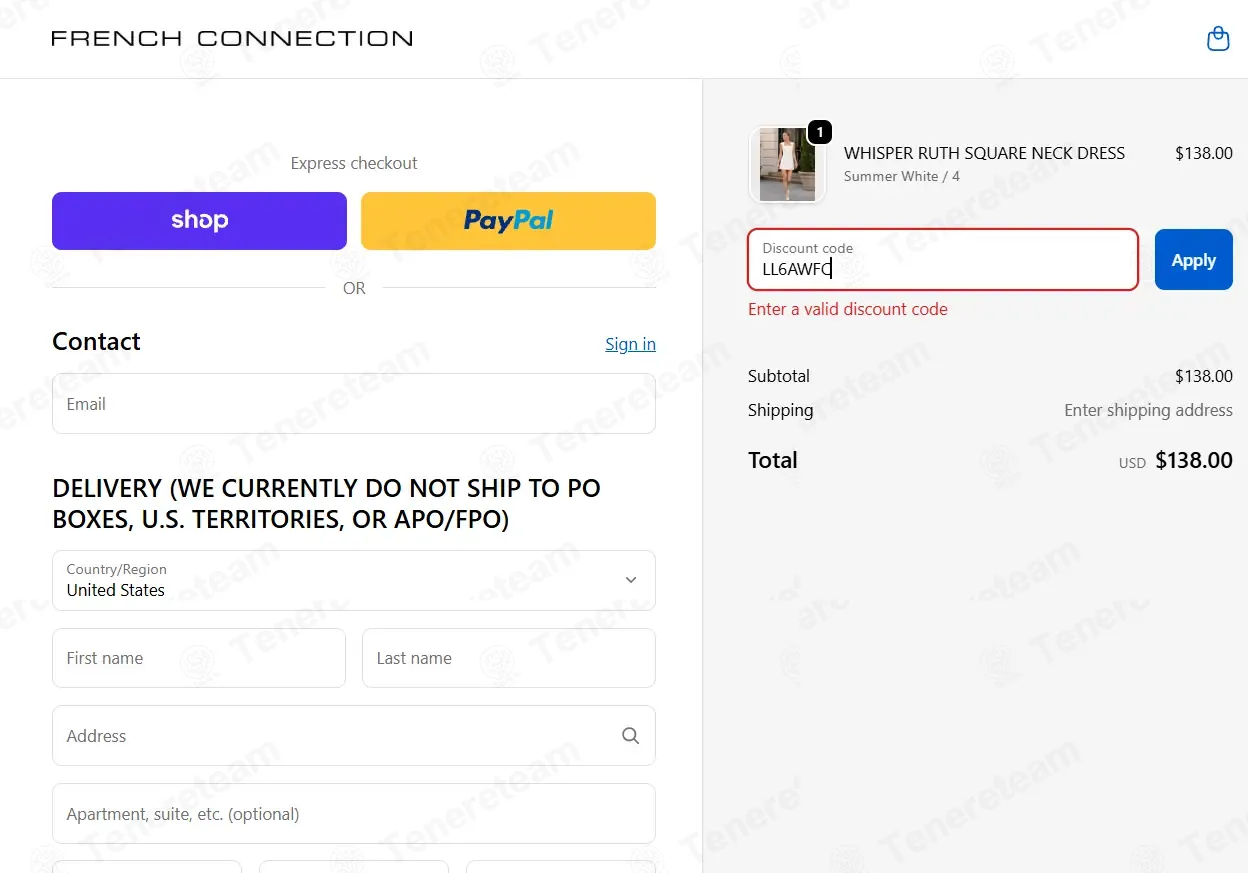 French Connection coupon code: 20% off with LL6AWFC. Tested and valid as 1 week ago.
