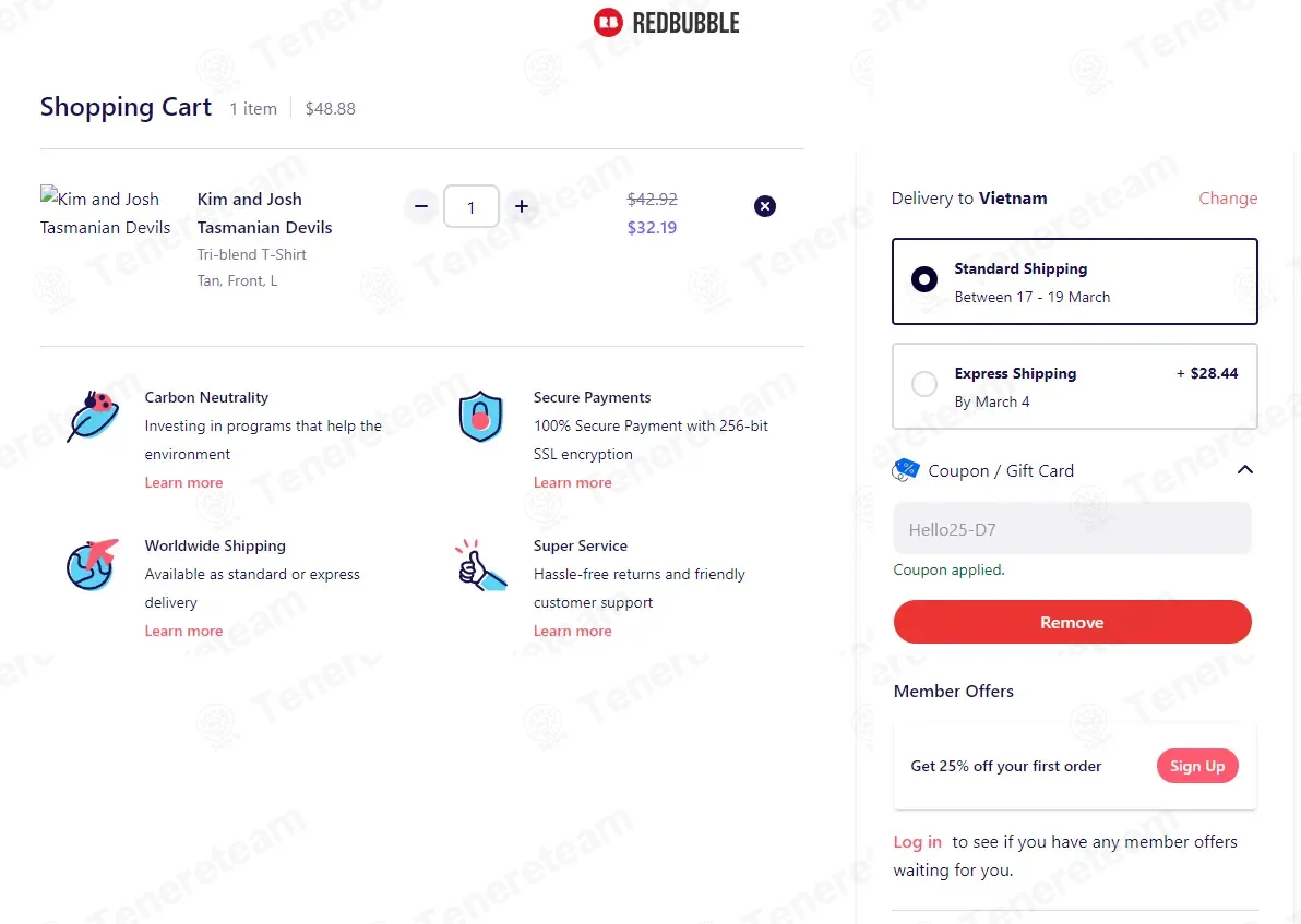 RedBubble coupon code: 25% off with Hello25-D7. Tested and valid as 1 month ago.