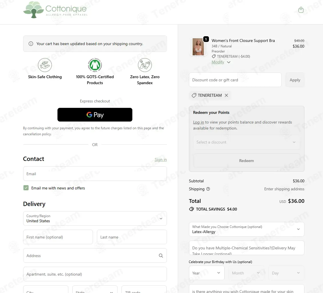 Cottonique coupon code: 10% off with TENERETEAM. Tested and valid as 3 weeks ago.