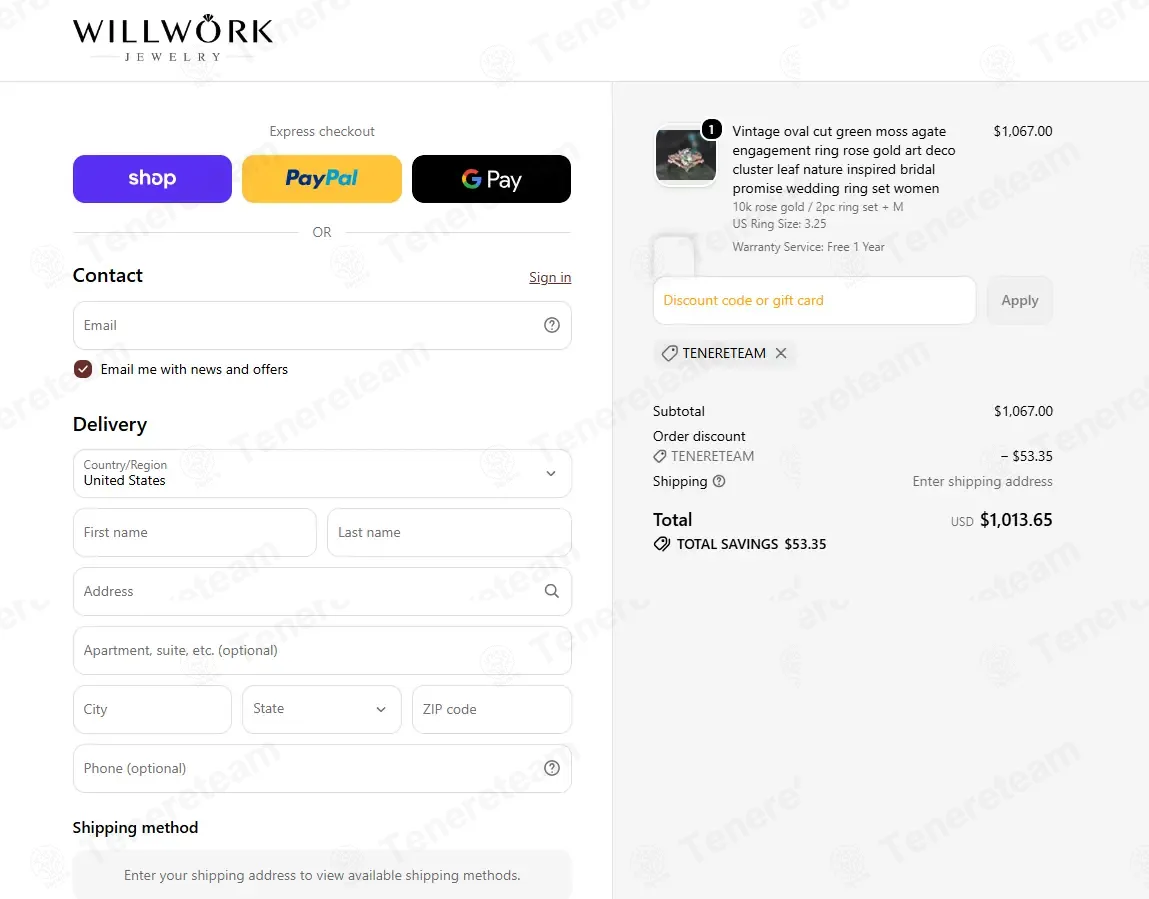Willwork Jewelry coupon code: 5% off with TENERETEAM. Tested and valid as 2 months ago.