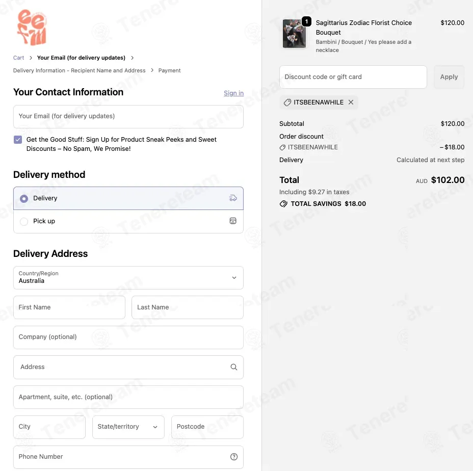 East End Flower Market coupon code: 15% off with ITSBEENAWHILE. Tested and valid as 9 months ago.