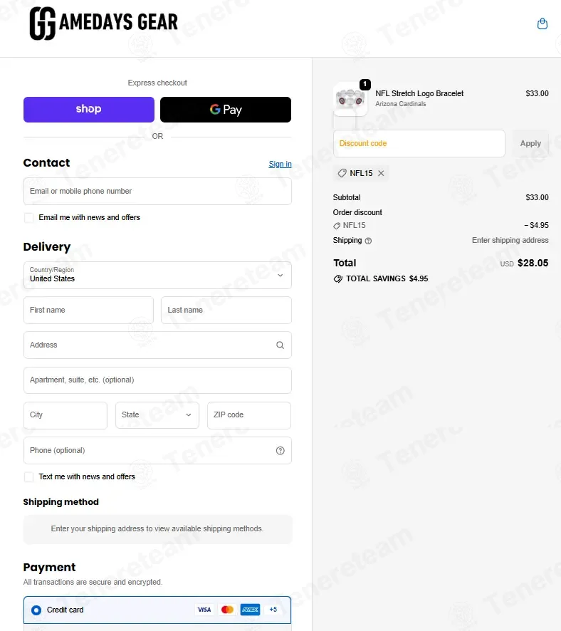 Gameday’s Gear coupon code: 15% off with NFL15. Tested and valid as 3 months ago.