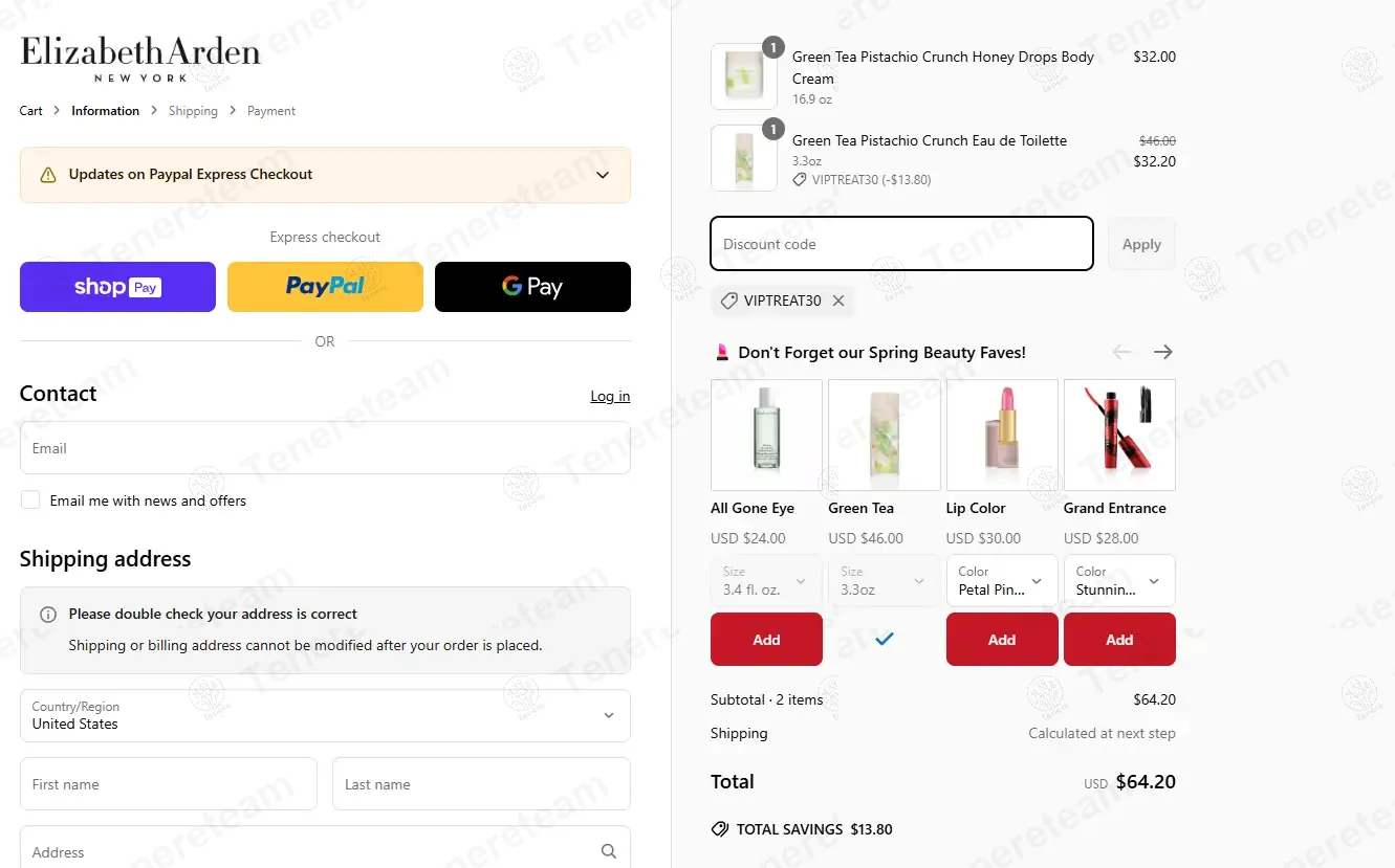 Elizabeth Arden coupon code: 30% off with VIPTREAT30. Tested and valid as 1 year ago.