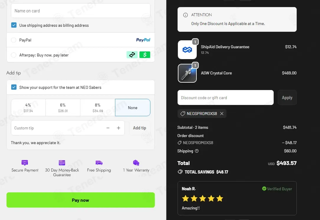NEO Sabers coupon code: 10% off with NEOSPROMOXS8. Tested and valid as 6 days ago.