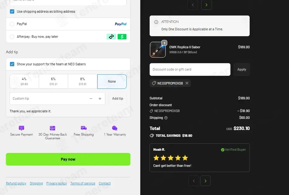 NEO Sabers coupon code: 10% off with NEOSPROMOXS8. Tested and valid as 6 days ago.