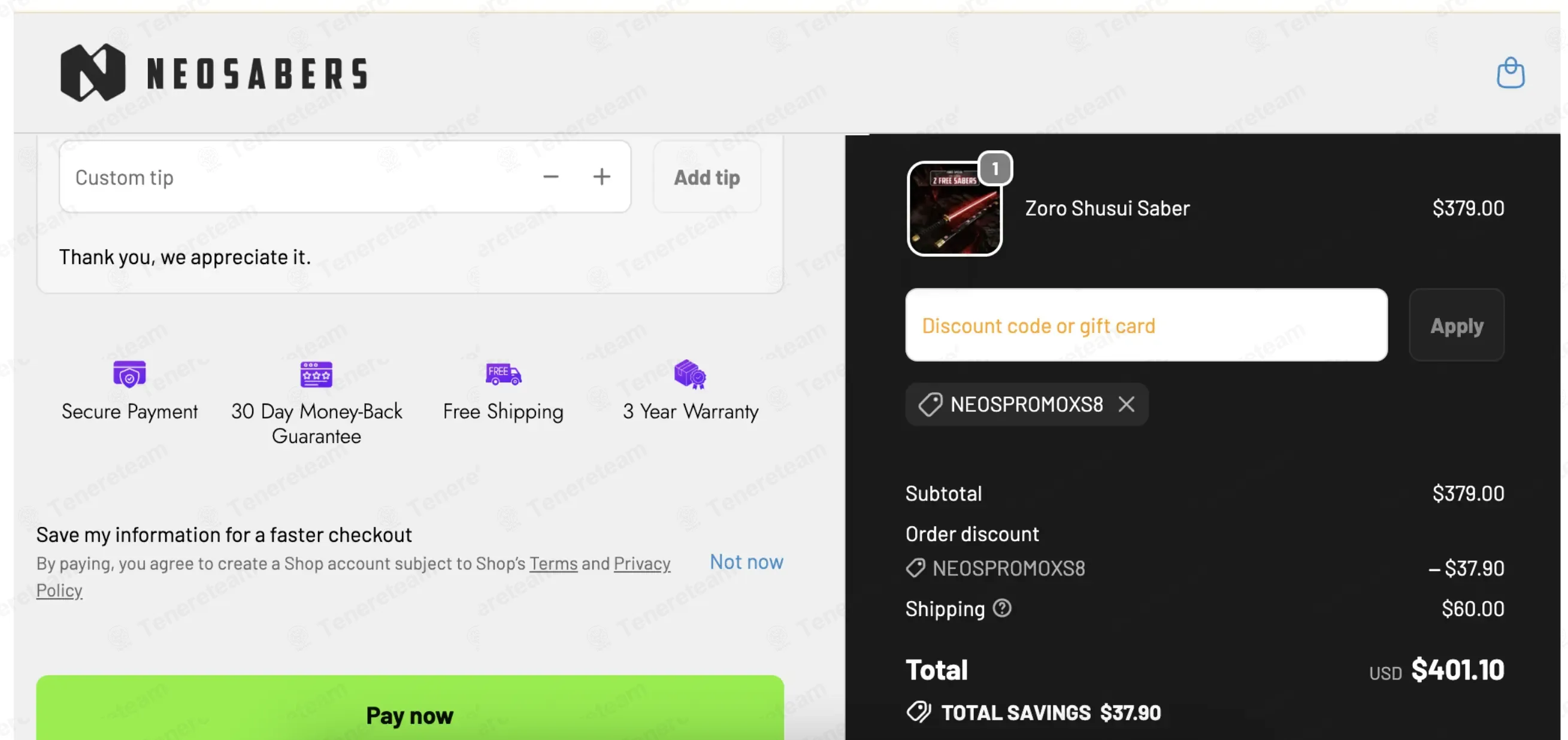 NEO Sabers coupon code: 10% off with NEOSPROMOXS8. Tested and valid as 6 days ago.