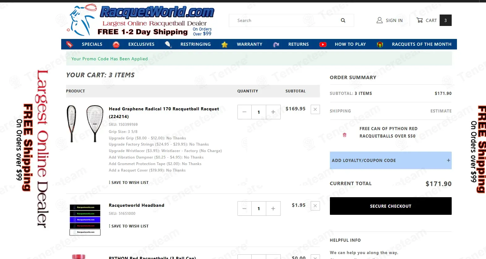 Racquetball Warehouse coupon code: 100% off with PYTHONRED. Tested and valid as 1 week ago.