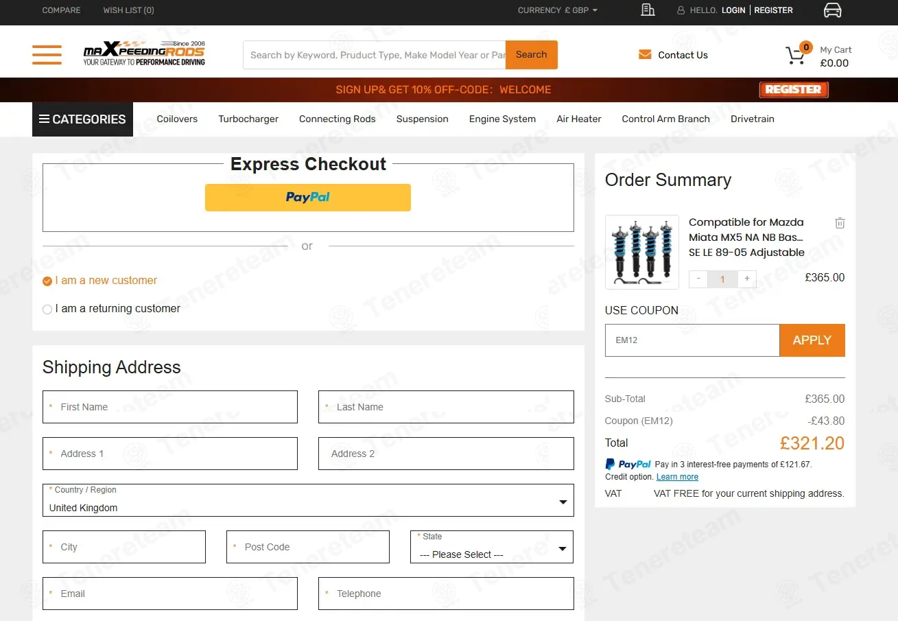 MaXpeedingRods UK coupon code: 12% off with EM12. Tested and valid as 5 days ago.