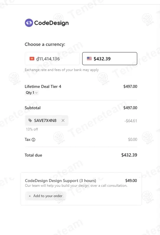 CodeDesign.ai coupon code: 13% off with Design5. Tested and valid as 1 month ago.