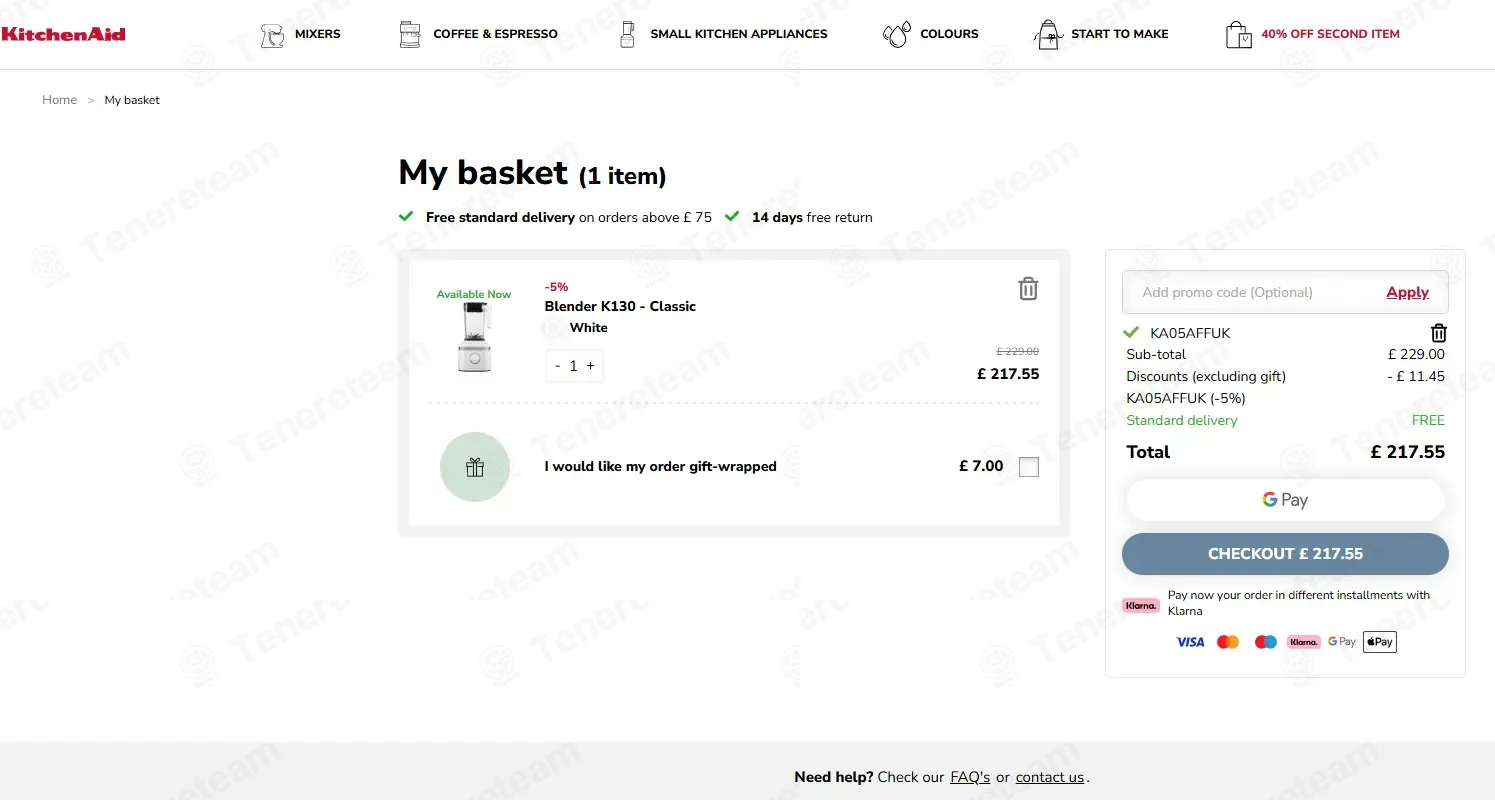 Kitchenaid UK coupon code: 5% off with KA05AFFUK. Tested and valid as 8 months ago.