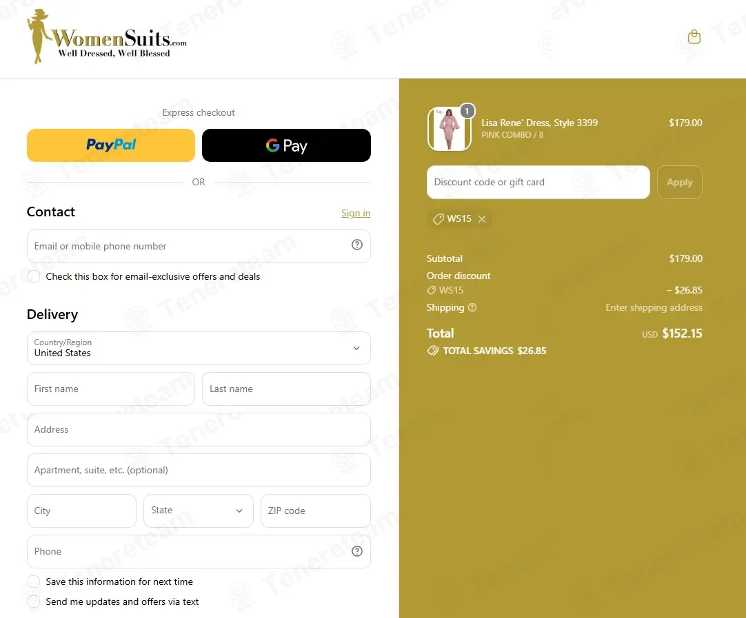 Womensuits.com coupon code: 15% off with WS15. Tested and valid as 2 weeks ago.