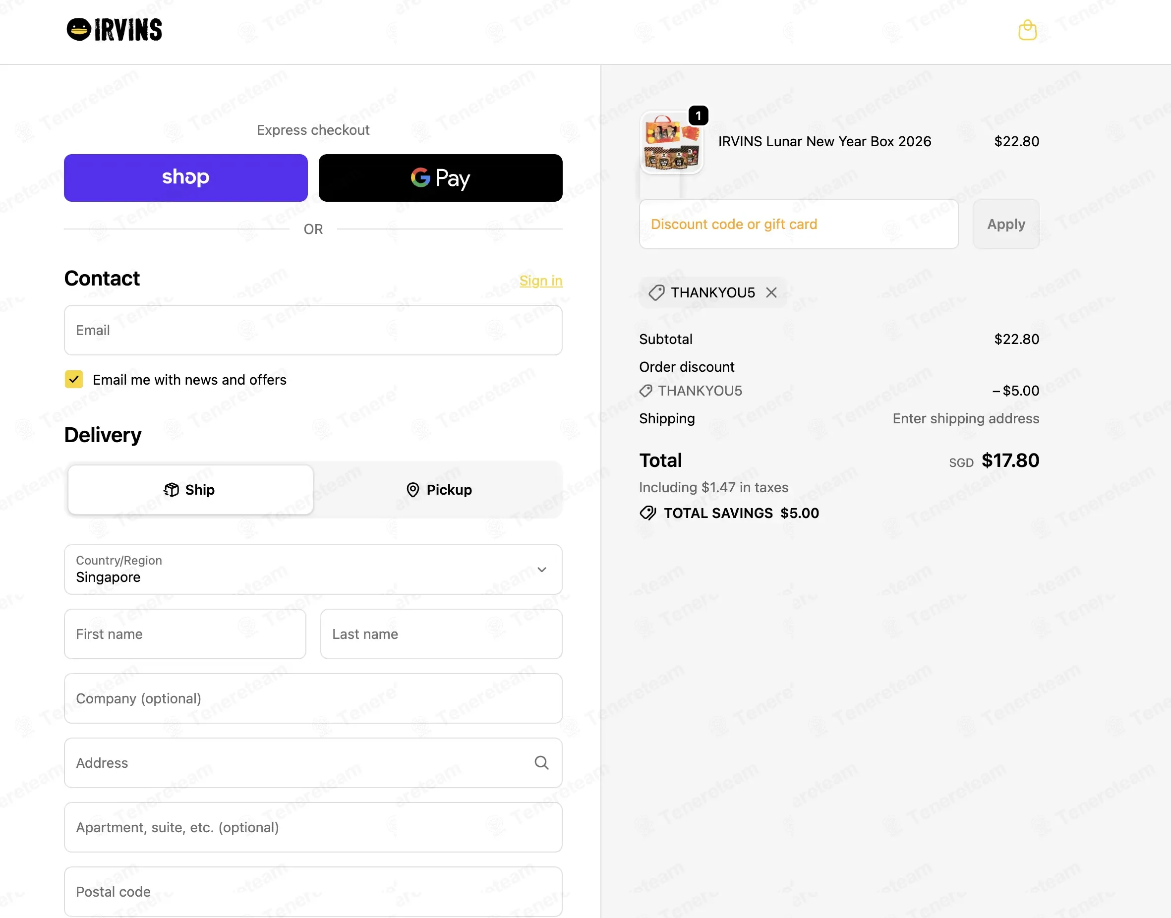 Irvins Singapore coupon code: $5 off with THANKYOU5. Tested and valid as 3 weeks ago.