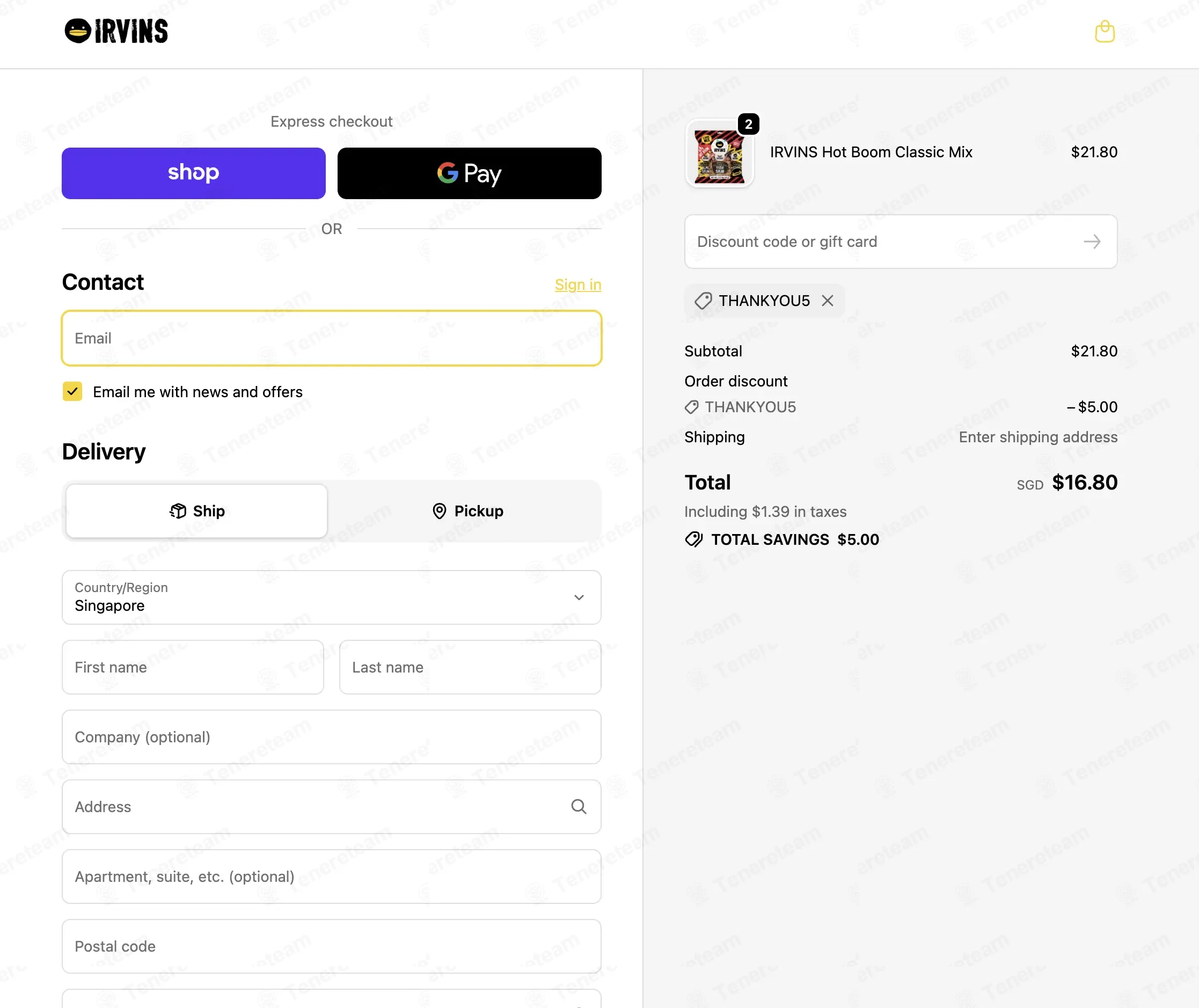 Irvins Singapore coupon code: $5 off with THANKYOU5. Tested and valid as 3 weeks ago.