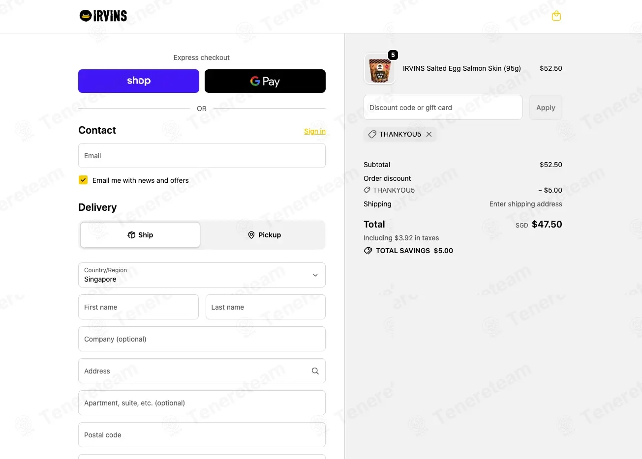 Irvins Singapore coupon code: $5 off with THANKYOU5. Tested and valid as 3 weeks ago.