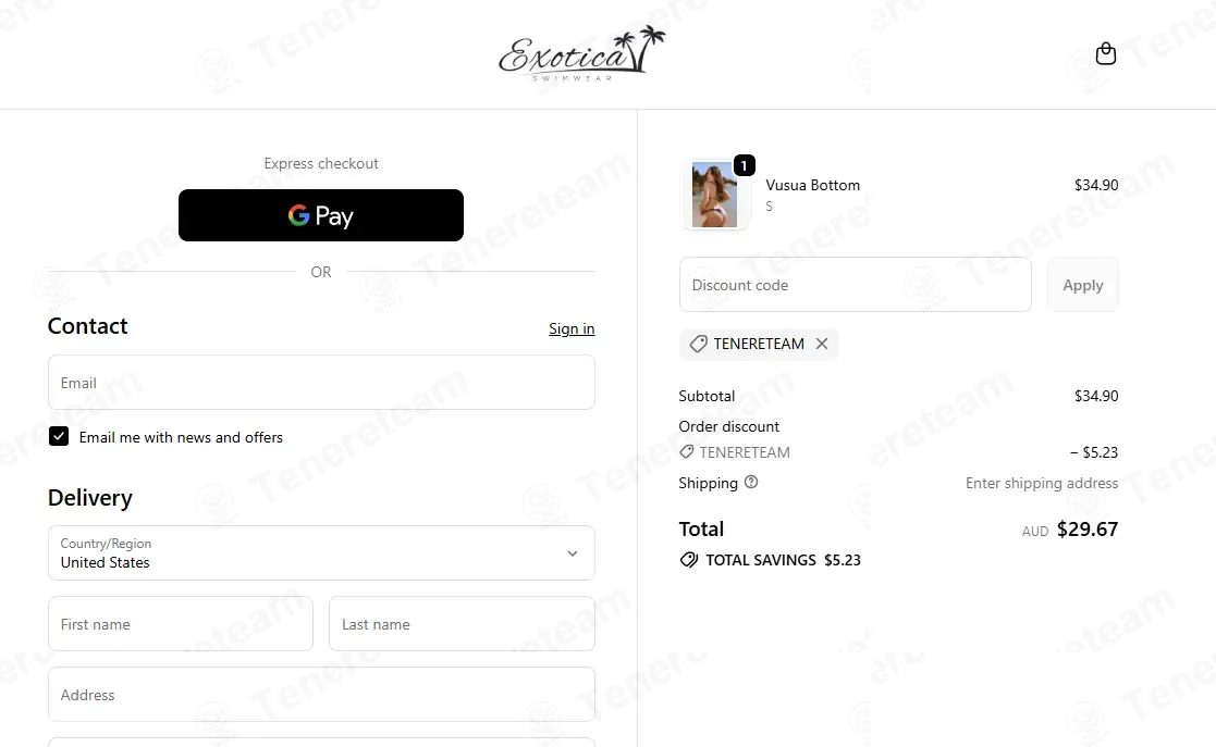Exotica Swimwear coupon code: 15% off with TENERETEAM. Tested and valid as 1 week ago.