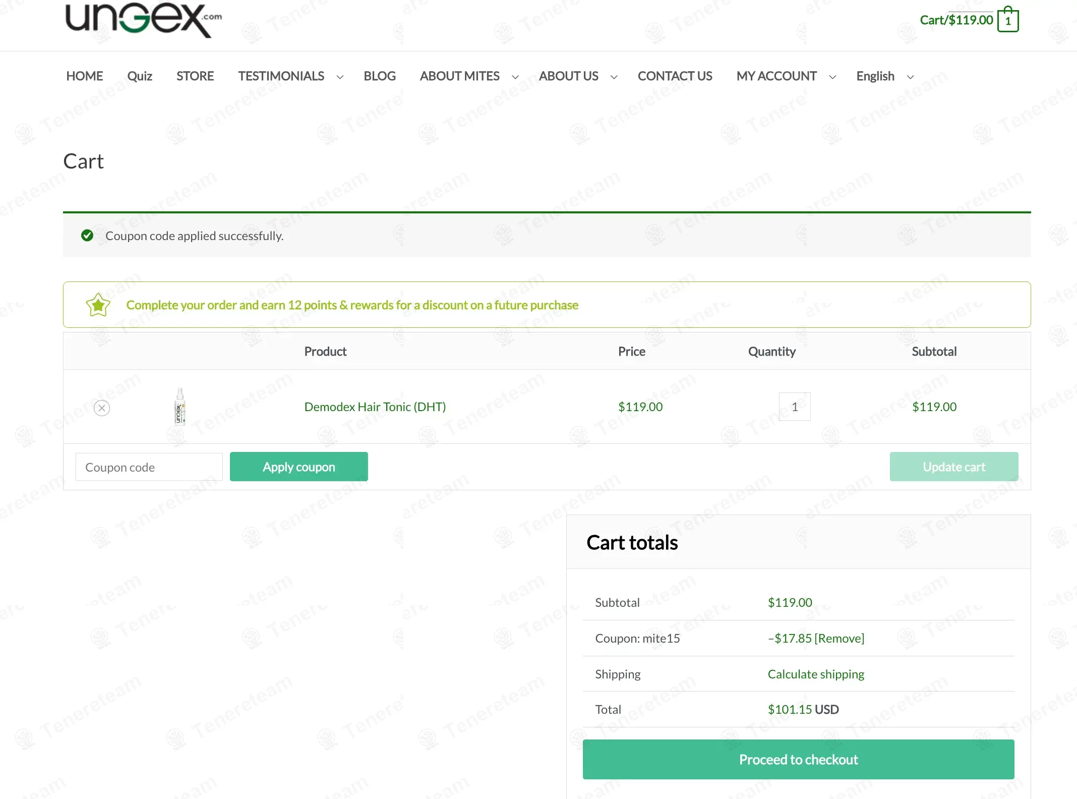 Ungex Demodex Treatment coupon code: 15% off with MITE15. Tested and valid as 9 months ago.