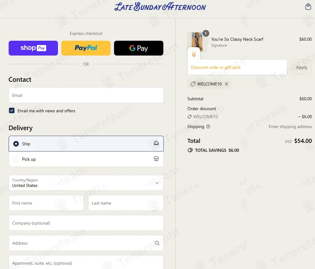 Late Sunday Afternoon coupon code: 10% off with WELCOME10. Tested and valid as 8 months ago.