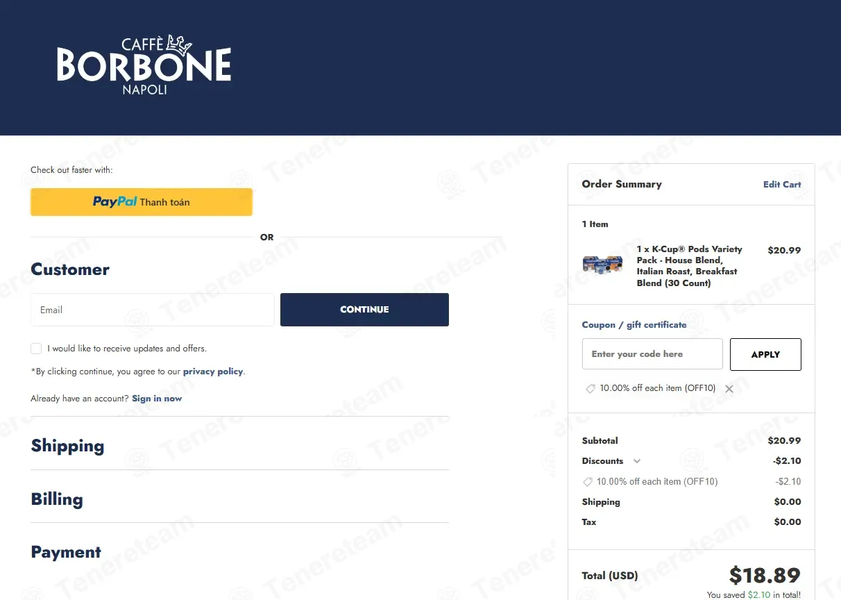 Caffe Borbone America coupon code: 10% off with OFF10. Tested and valid as 1 month ago.
