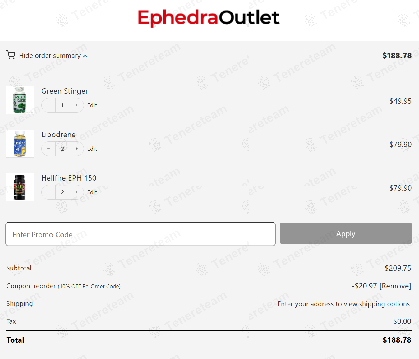 Ephedra Outlet coupon code: 10% off with REORDER. Tested and valid as 9 months ago.