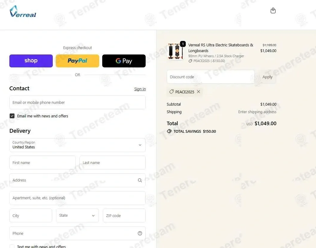 Verreal Electric Skateboards coupon code: $150 off with PEACE2025. Tested and valid as 2 weeks ago.