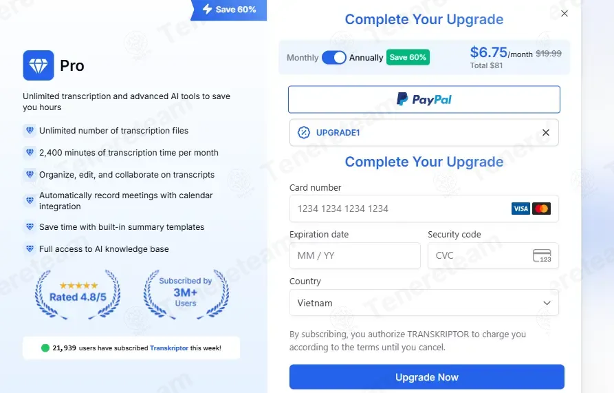Transkriptor coupon code: 19% off with UPGRADE1. Tested and valid as 3 months ago.