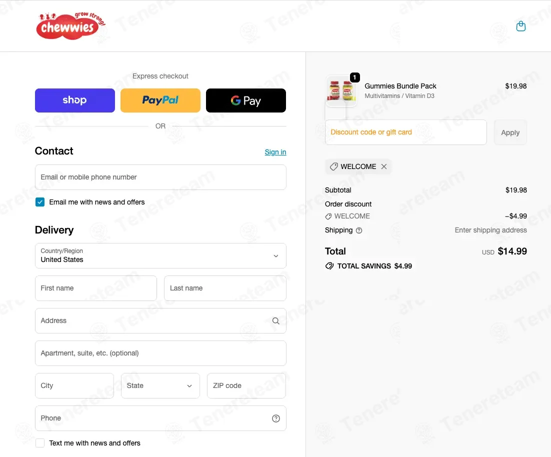 Chewwies coupon code: 25% off with WELCOME. Tested and valid as 1 month ago.