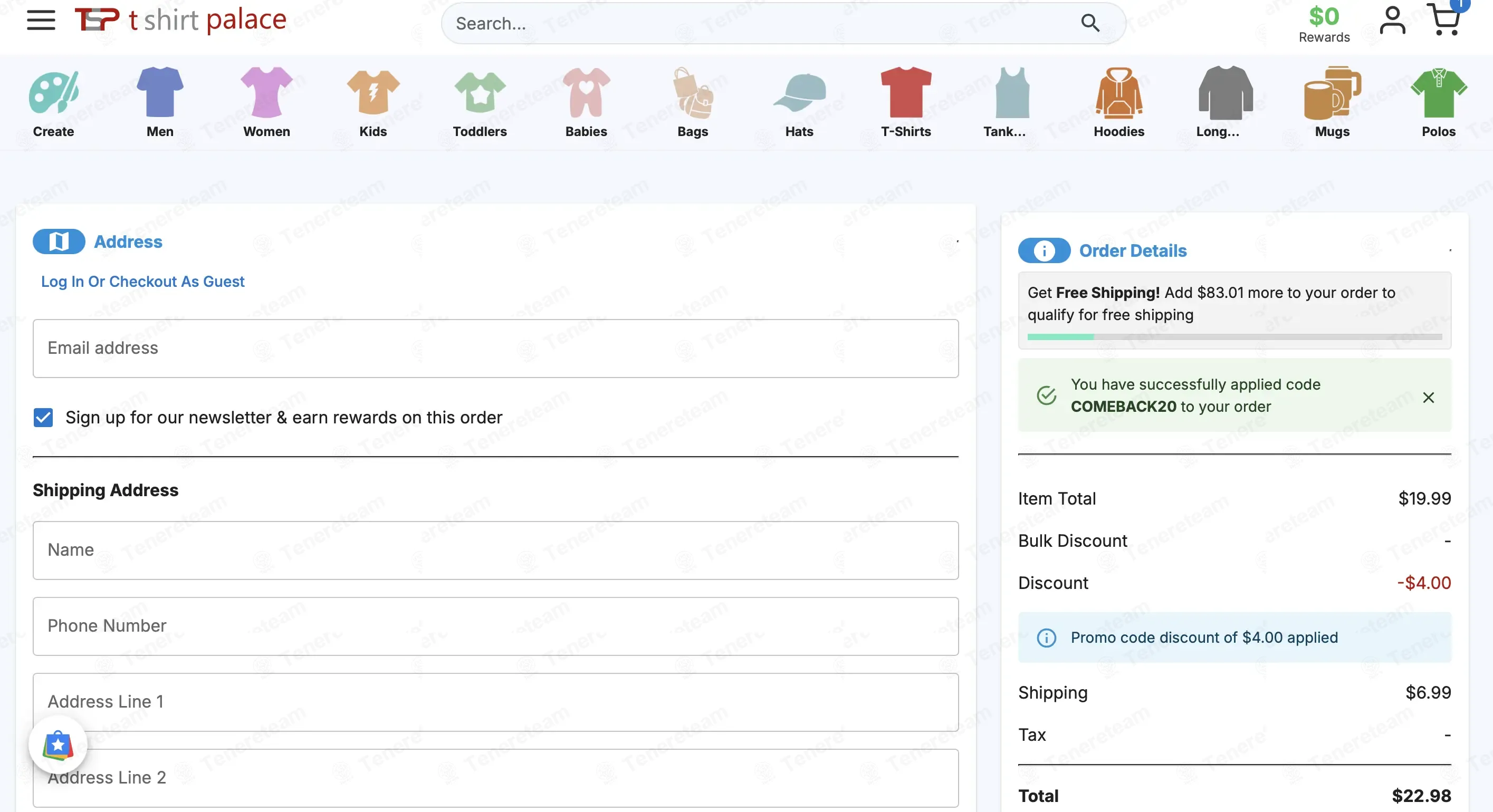 Teeshirtpalace coupon code: 20% off with COMEBACK20. Tested and valid as 6 months ago.