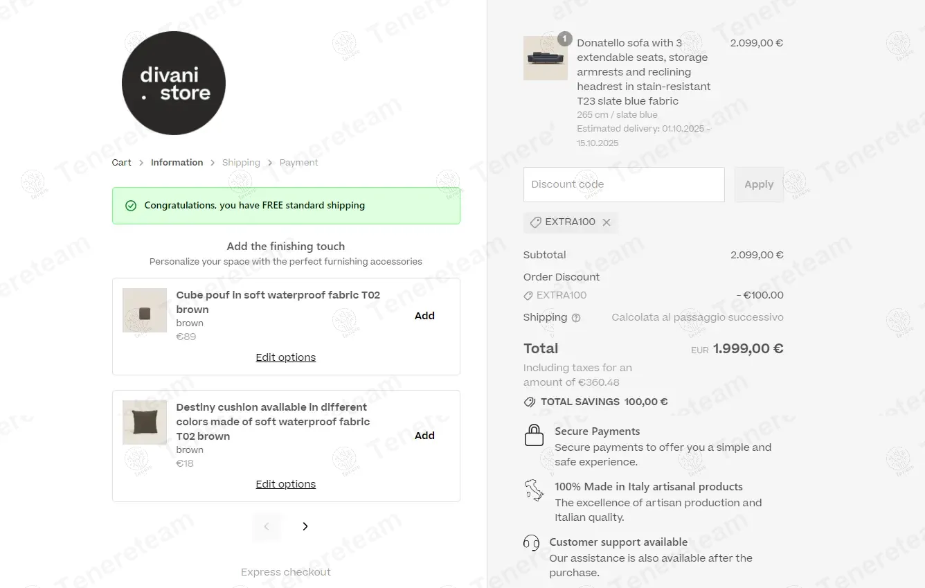 Divani Store coupon code: €100 off with EXTRA100. Tested and valid as 9 months ago.