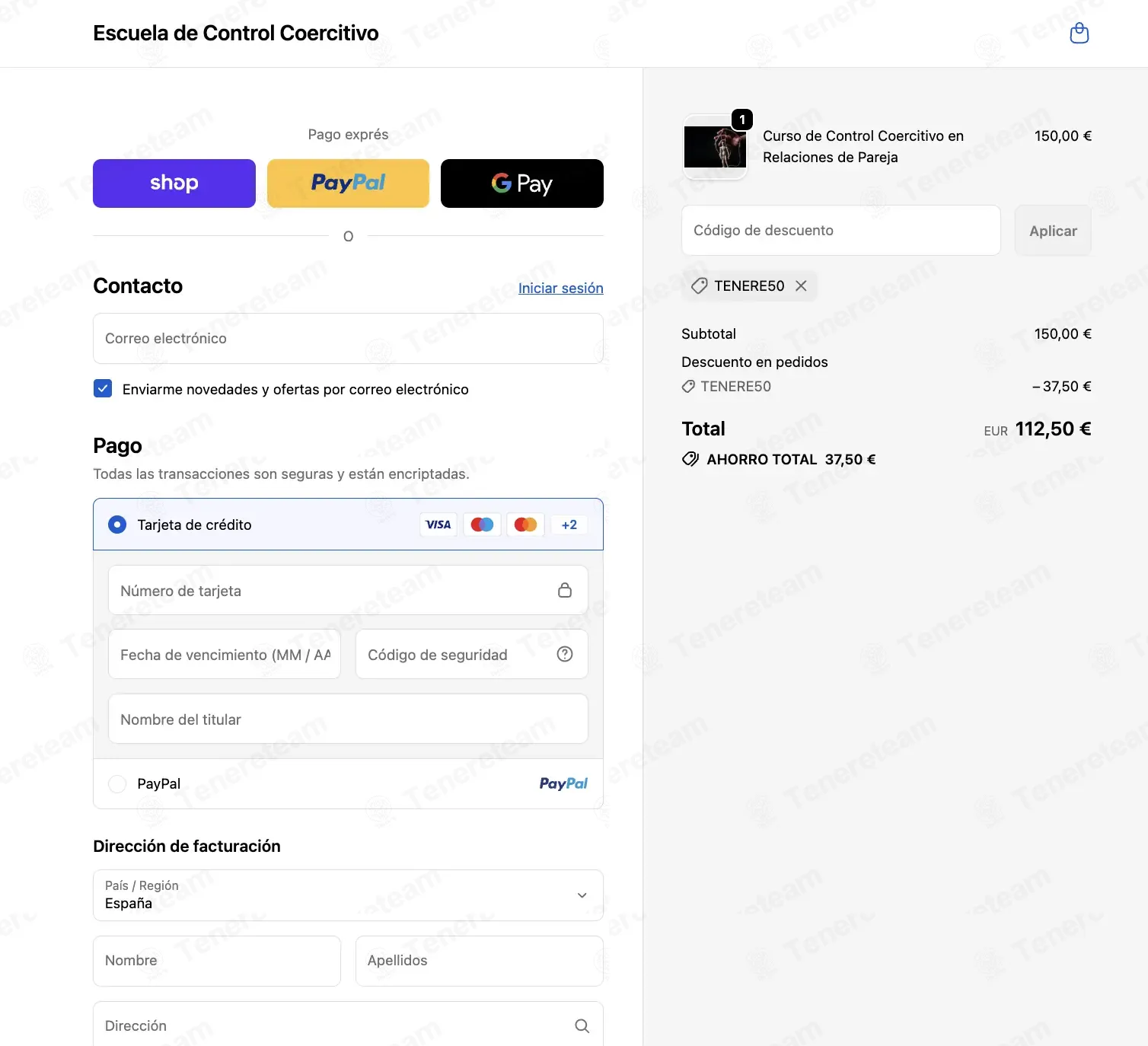 Escuela de Control Coerctivo coupon code: 25% off with TENERE50. Tested and valid as 8 months ago.