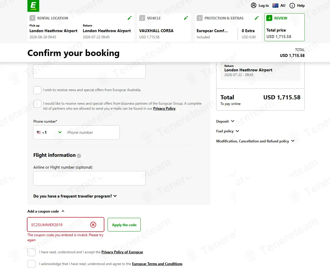 Europcar Australia apply coupon code