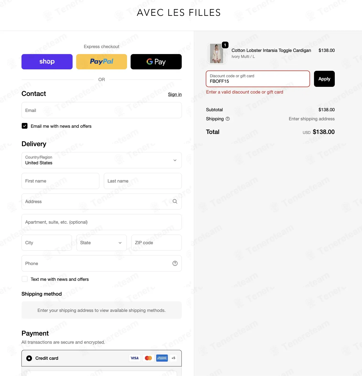 Avec Les Filles coupon code: 15% off with FBOFF15. Tested and valid as 2 weeks ago.