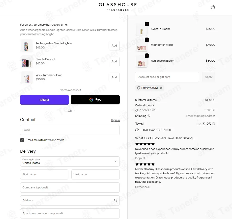 Glasshouse Fragrances US coupon code: 10% off with P9VWX7GM. Tested and valid as 3 weeks ago.