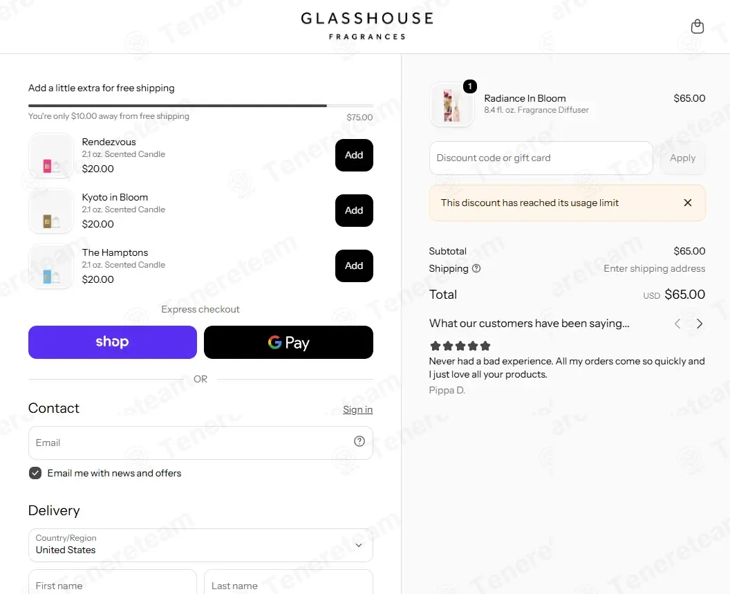 Glasshouse Fragrances US coupon code: 10% off with P9VWX7GM. Tested and valid as 3 weeks ago.