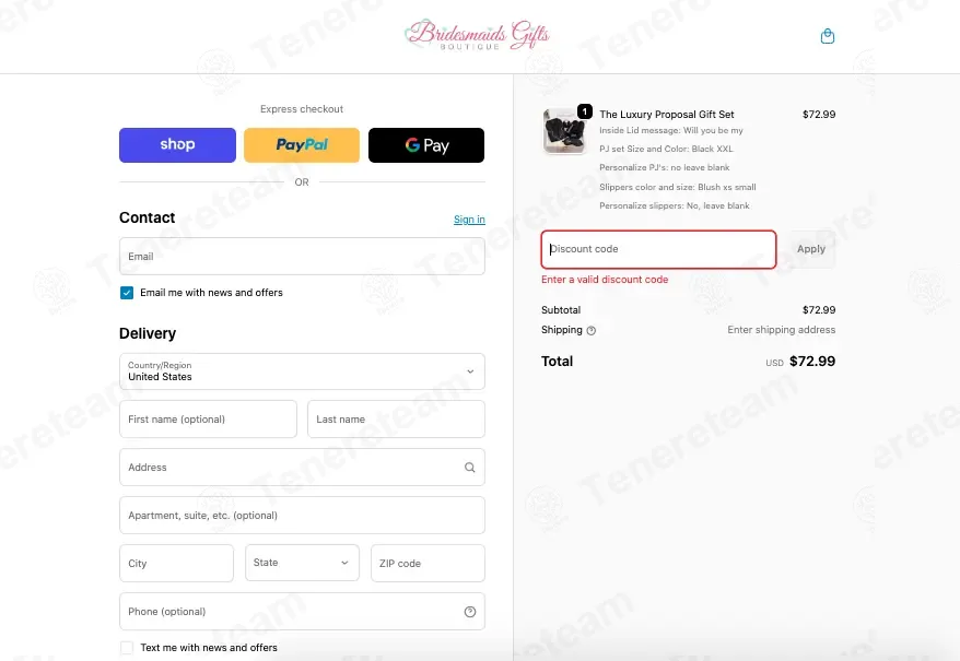 Bridesmaid Gifts Boutique coupon code: 10% off with first10. Tested and valid as 5 months ago.