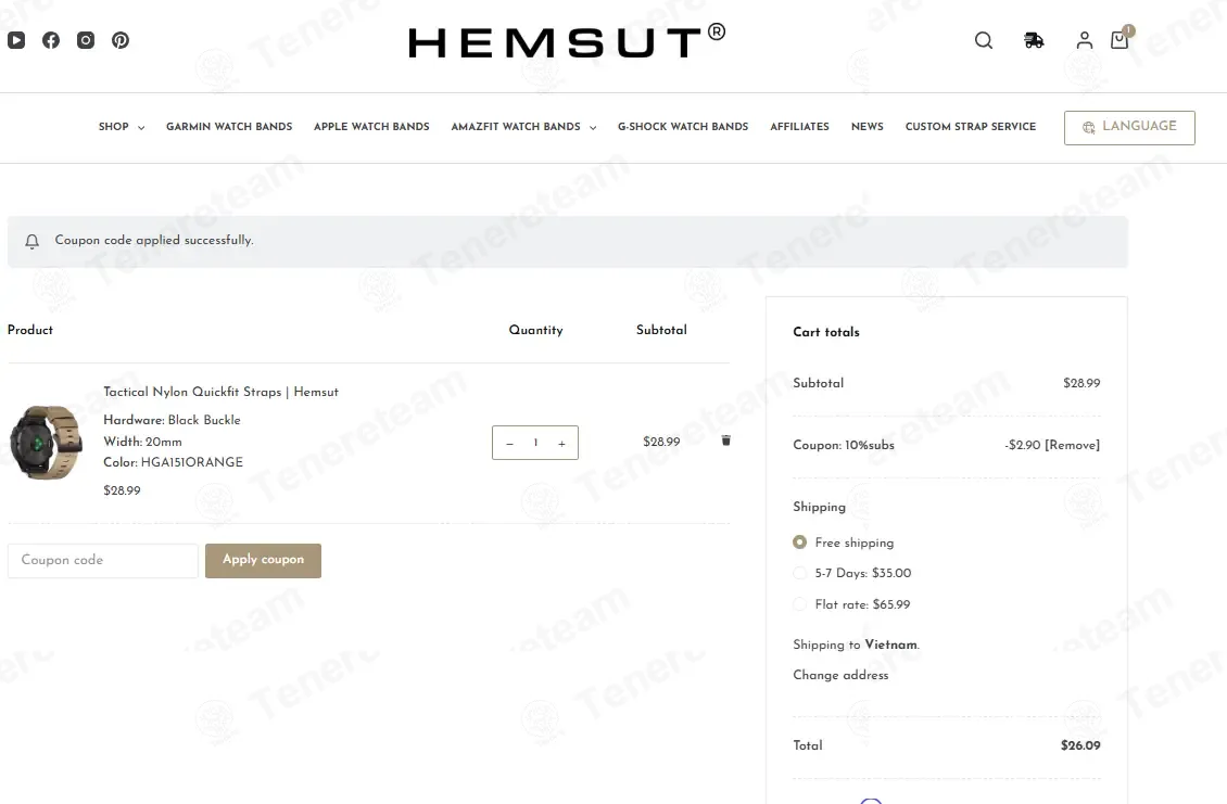 Hemsut Watch Bands coupon code: 10% off with 10%SUBS. Tested and valid as 4 minutes ago.