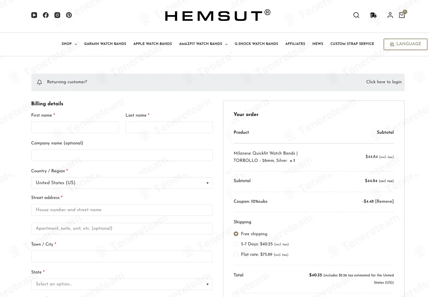 Hemsut Watch Bands coupon code: 10% off with 10%SUBS. Tested and valid as 4 minutes ago.